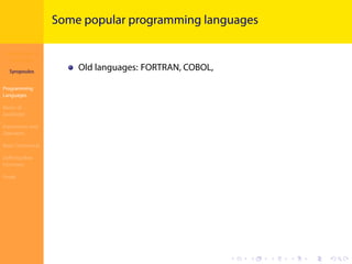 Introduction to
JavaScript
Syropoulos
Programming
Languages
Basics of
JavaScript
Expressions and
Operators
Basic Commands
Deﬁning New
Functions
Finale
.
.
.
.
.
.
.
.
.
.
.
.
.
.
.
.
.
.
.
.
.
.
.
.
.
.
.
.
.
.
.
.
.
.
.
.
.
.
.
.
Some popular programming languages
Old languages: FORTRAN, COBOL,
 