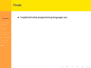 Introduction to
JavaScript
Syropoulos
Programming
Languages
Basics of
JavaScript
Expressions and
Operators
Basic Commands
Deﬁning New
Functions
Finale
.
.
.
.
.
.
.
.
.
.
.
.
.
.
.
.
.
.
.
.
.
.
.
.
.
.
.
.
.
.
.
.
.
.
.
.
.
.
.
.
Finale
I explained what programming languages are.
 