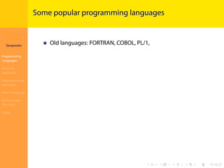 Introduction to
JavaScript
Syropoulos
Programming
Languages
Basics of
JavaScript
Expressions and
Operators
Basic Commands
Deﬁning New
Functions
Finale
.
.
.
.
.
.
.
.
.
.
.
.
.
.
.
.
.
.
.
.
.
.
.
.
.
.
.
.
.
.
.
.
.
.
.
.
.
.
.
.
Some popular programming languages
Old languages: FORTRAN, COBOL, PL/1,
 