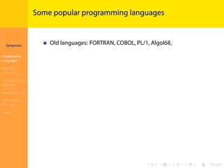 Introduction to
JavaScript
Syropoulos
Programming
Languages
Basics of
JavaScript
Expressions and
Operators
Basic Commands
Deﬁning New
Functions
Finale
.
.
.
.
.
.
.
.
.
.
.
.
.
.
.
.
.
.
.
.
.
.
.
.
.
.
.
.
.
.
.
.
.
.
.
.
.
.
.
.
Some popular programming languages
Old languages: FORTRAN, COBOL, PL/1, Algol68,
 