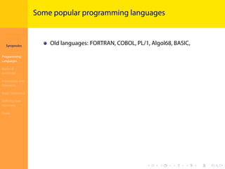 Introduction to
JavaScript
Syropoulos
Programming
Languages
Basics of
JavaScript
Expressions and
Operators
Basic Commands
Deﬁning New
Functions
Finale
.
.
.
.
.
.
.
.
.
.
.
.
.
.
.
.
.
.
.
.
.
.
.
.
.
.
.
.
.
.
.
.
.
.
.
.
.
.
.
.
Some popular programming languages
Old languages: FORTRAN, COBOL, PL/1, Algol68, BASIC,
 