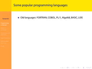 Introduction to
JavaScript
Syropoulos
Programming
Languages
Basics of
JavaScript
Expressions and
Operators
Basic Commands
Deﬁning New
Functions
Finale
.
.
.
.
.
.
.
.
.
.
.
.
.
.
.
.
.
.
.
.
.
.
.
.
.
.
.
.
.
.
.
.
.
.
.
.
.
.
.
.
Some popular programming languages
Old languages: FORTRAN, COBOL, PL/1, Algol68, BASIC, LISP,
 