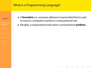 Introduction to
JavaScript
Syropoulos
Programming
Languages
Basics of
JavaScript
Expressions and
Operators
Basic Commands
Deﬁning New
Functions
Finale
.
.
.
.
.
.
.
.
.
.
.
.
.
.
.
.
.
.
.
.
.
.
.
.
.
.
.
.
.
.
.
.
.
.
.
.
.
.
.
.
What is a Programming Language?
A formalism (i.e., excessive adherence to prescribed forms) used
to instruct a computer to perform a computational task.
Roughly, a computational task solves a computational problem.
 