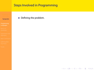 Introduction to
JavaScript
Syropoulos
Programming
Languages
Basics of
JavaScript
Expressions and
Operators
Basic Commands
Deﬁning New
Functions
Finale
.
.
.
.
.
.
.
.
.
.
.
.
.
.
.
.
.
.
.
.
.
.
.
.
.
.
.
.
.
.
.
.
.
.
.
.
.
.
.
.
Steps Involved in Programming
Deﬁning the problem.
 