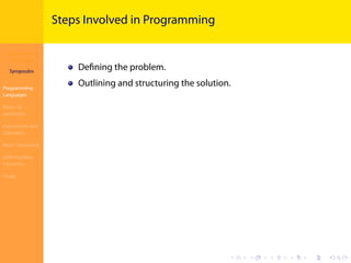 Introduction to
JavaScript
Syropoulos
Programming
Languages
Basics of
JavaScript
Expressions and
Operators
Basic Commands
Deﬁning New
Functions
Finale
.
.
.
.
.
.
.
.
.
.
.
.
.
.
.
.
.
.
.
.
.
.
.
.
.
.
.
.
.
.
.
.
.
.
.
.
.
.
.
.
Steps Involved in Programming
Deﬁning the problem.
Outlining and structuring the solution.
 