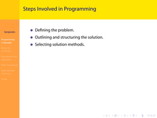 Introduction to
JavaScript
Syropoulos
Programming
Languages
Basics of
JavaScript
Expressions and
Operators
Basic Commands
Deﬁning New
Functions
Finale
.
.
.
.
.
.
.
.
.
.
.
.
.
.
.
.
.
.
.
.
.
.
.
.
.
.
.
.
.
.
.
.
.
.
.
.
.
.
.
.
Steps Involved in Programming
Deﬁning the problem.
Outlining and structuring the solution.
Selecting solution methods.
 