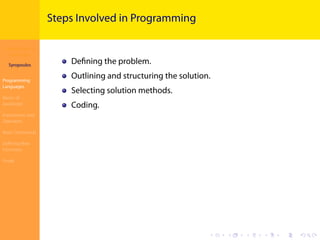 Introduction to
JavaScript
Syropoulos
Programming
Languages
Basics of
JavaScript
Expressions and
Operators
Basic Commands
Deﬁning New
Functions
Finale
.
.
.
.
.
.
.
.
.
.
.
.
.
.
.
.
.
.
.
.
.
.
.
.
.
.
.
.
.
.
.
.
.
.
.
.
.
.
.
.
Steps Involved in Programming
Deﬁning the problem.
Outlining and structuring the solution.
Selecting solution methods.
Coding.
 