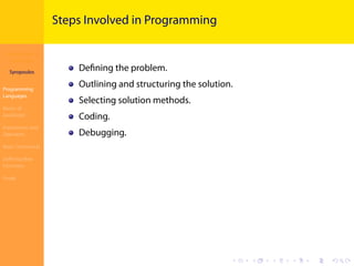 Introduction to
JavaScript
Syropoulos
Programming
Languages
Basics of
JavaScript
Expressions and
Operators
Basic Commands
Deﬁning New
Functions
Finale
.
.
.
.
.
.
.
.
.
.
.
.
.
.
.
.
.
.
.
.
.
.
.
.
.
.
.
.
.
.
.
.
.
.
.
.
.
.
.
.
Steps Involved in Programming
Deﬁning the problem.
Outlining and structuring the solution.
Selecting solution methods.
Coding.
Debugging.
 