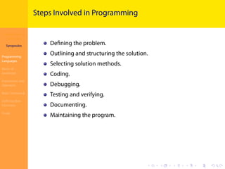 Introduction to
JavaScript
Syropoulos
Programming
Languages
Basics of
JavaScript
Expressions and
Operators
Basic Commands
Deﬁning New
Functions
Finale
.
.
.
.
.
.
.
.
.
.
.
.
.
.
.
.
.
.
.
.
.
.
.
.
.
.
.
.
.
.
.
.
.
.
.
.
.
.
.
.
Steps Involved in Programming
Deﬁning the problem.
Outlining and structuring the solution.
Selecting solution methods.
Coding.
Debugging.
Testing and verifying.
Documenting.
Maintaining the program.
 