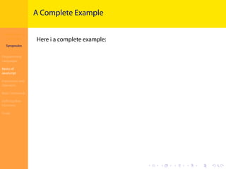 Introduction to
JavaScript
Syropoulos
Programming
Languages
Basics of
JavaScript
Expressions and
Operators
Basic Commands
Deﬁning New
Functions
Finale
.
.
.
.
.
.
.
.
.
.
.
.
.
.
.
.
.
.
.
.
.
.
.
.
.
.
.
.
.
.
.
.
.
.
.
.
.
.
.
.
A Complete Example
Here i a complete example:
 