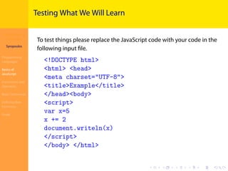 Introduction to
JavaScript
Syropoulos
Programming
Languages
Basics of
JavaScript
Expressions and
Operators
Basic Commands
Deﬁning New
Functions
Finale
.
.
.
.
.
.
.
.
.
.
.
.
.
.
.
.
.
.
.
.
.
.
.
.
.
.
.
.
.
.
.
.
.
.
.
.
.
.
.
.
Testing What We Will Learn
To test things please replace the JavaScript code with your code in the
following input ﬁle.
<!DOCTYPE html>
<html> <head>
<meta charset="UTF-8">
<title>Example</title>
</head><body>
<script>
var x=5
x += 2
document.writeln(x)
</script>
</body> </html>
 