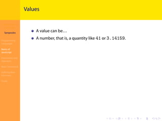 Introduction to
JavaScript
Syropoulos
Programming
Languages
Basics of
JavaScript
Expressions and
Operators
Basic Commands
Deﬁning New
Functions
Finale
.
.
.
.
.
.
.
.
.
.
.
.
.
.
.
.
.
.
.
.
.
.
.
.
.
.
.
.
.
.
.
.
.
.
.
.
.
.
.
.
Values
A value can be…
A number, that is, a quantity like 41 or 3.14159.
 