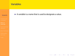 Introduction to
JavaScript
Syropoulos
Programming
Languages
Basics of
JavaScript
Expressions and
Operators
Basic Commands
Deﬁning New
Functions
Finale
.
.
.
.
.
.
.
.
.
.
.
.
.
.
.
.
.
.
.
.
.
.
.
.
.
.
.
.
.
.
.
.
.
.
.
.
.
.
.
.
Variables
A variable is a name that is used to designate a value.
 