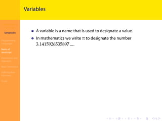 Introduction to
JavaScript
Syropoulos
Programming
Languages
Basics of
JavaScript
Expressions and
Operators
Basic Commands
Deﬁning New
Functions
Finale
.
.
.
.
.
.
.
.
.
.
.
.
.
.
.
.
.
.
.
.
.
.
.
.
.
.
.
.
.
.
.
.
.
.
.
.
.
.
.
.
Variables
A variable is a name that is used to designate a value.
In mathematics we write 𝜋 to designate the number
3.1415926535897 ….
 
