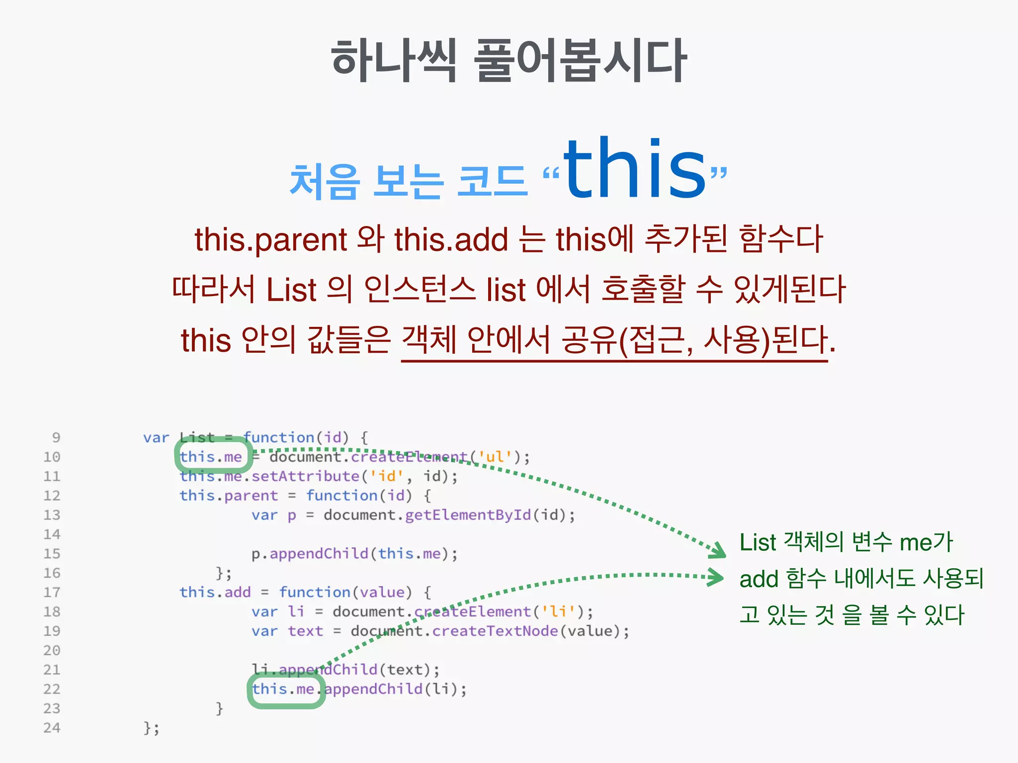 하나씩 풀어봅시다
처음 보는 코드 “this”
this.parent 와 this.add 는 this에 추가된 함수다!
따라서 List 의 인스턴스 list 에서 호출할 수 있게된다!
this 안의 값들은 객체 안에서 공유(접근, 사용)된다.
List 객체의 변수 me가
add 함수 내에서도 사용되
고 있는 것 을 볼 수 있다
 