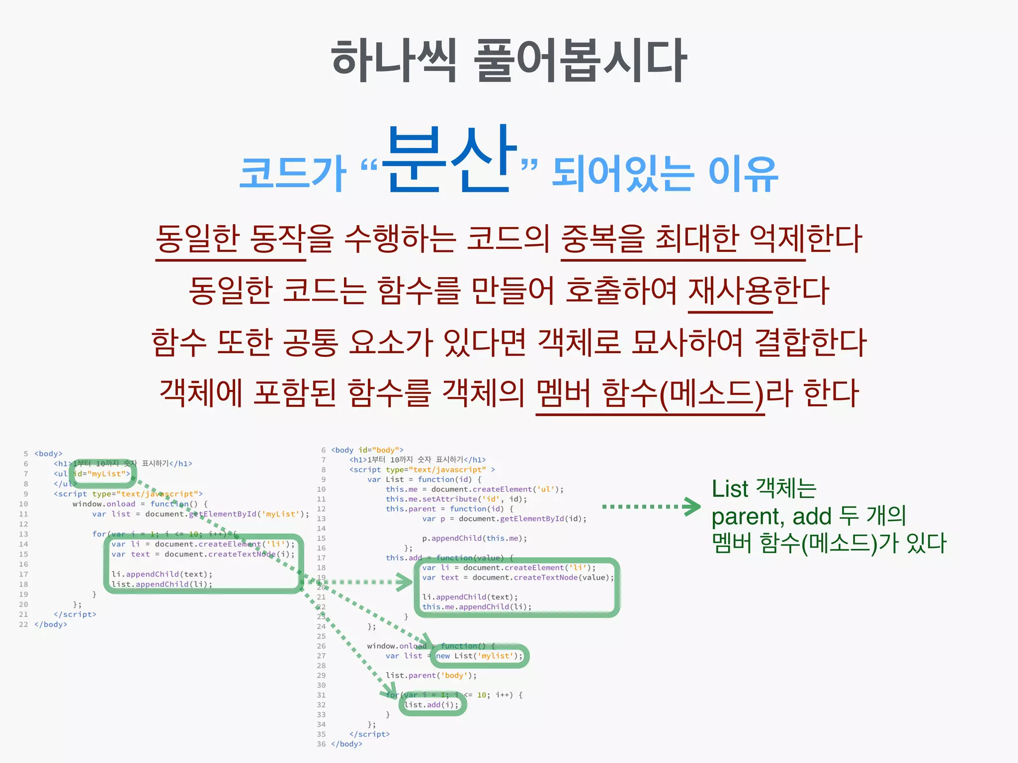 코드가 “분산” 되어있는 이유
동일한 동작을 수행하는 코드의 중복을 최대한 억제한다!
동일한 코드는 함수를 만들어 호출하여 재사용한다!
함수 또한 공통 요소가 있다면 객체로 묘사하여 결합한다!
객체에 포함된 함수를 객체의 멤버 함수(메소드)라 한다
List 객체는 !
parent, add 두 개의 !
멤버 함수(메소드)가 있다
하나씩 풀어봅시다
 