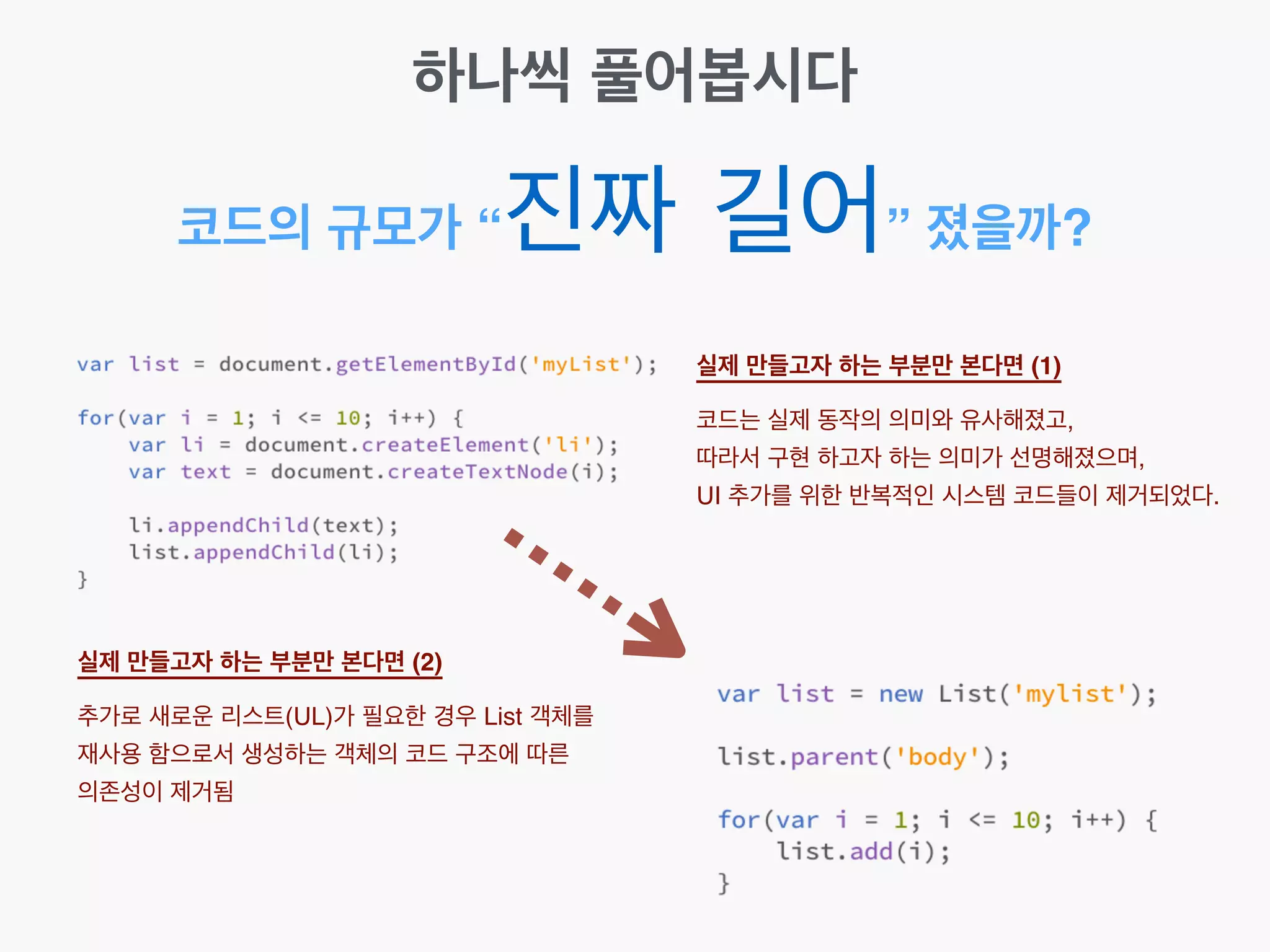 코드의 규모가 “진짜 길어” 졌을까?
실제 만들고자 하는 부분만 본다면 (1) 
코드는 실제 동작의 의미와 유사해졌고,!
따라서 구현 하고자 하는 의미가 선명해졌으며,!
UI 추가를 위한 반복적인 시스템 코드들이 제거되었다.
실제 만들고자 하는 부분만 본다면 (2) 
추가로 새로운 리스트(UL)가 필요한 경우 List 객체를
재사용 함으로서 생성하는 객체의 코드 구조에 따른
의존성이 제거됨
하나씩 풀어봅시다
 