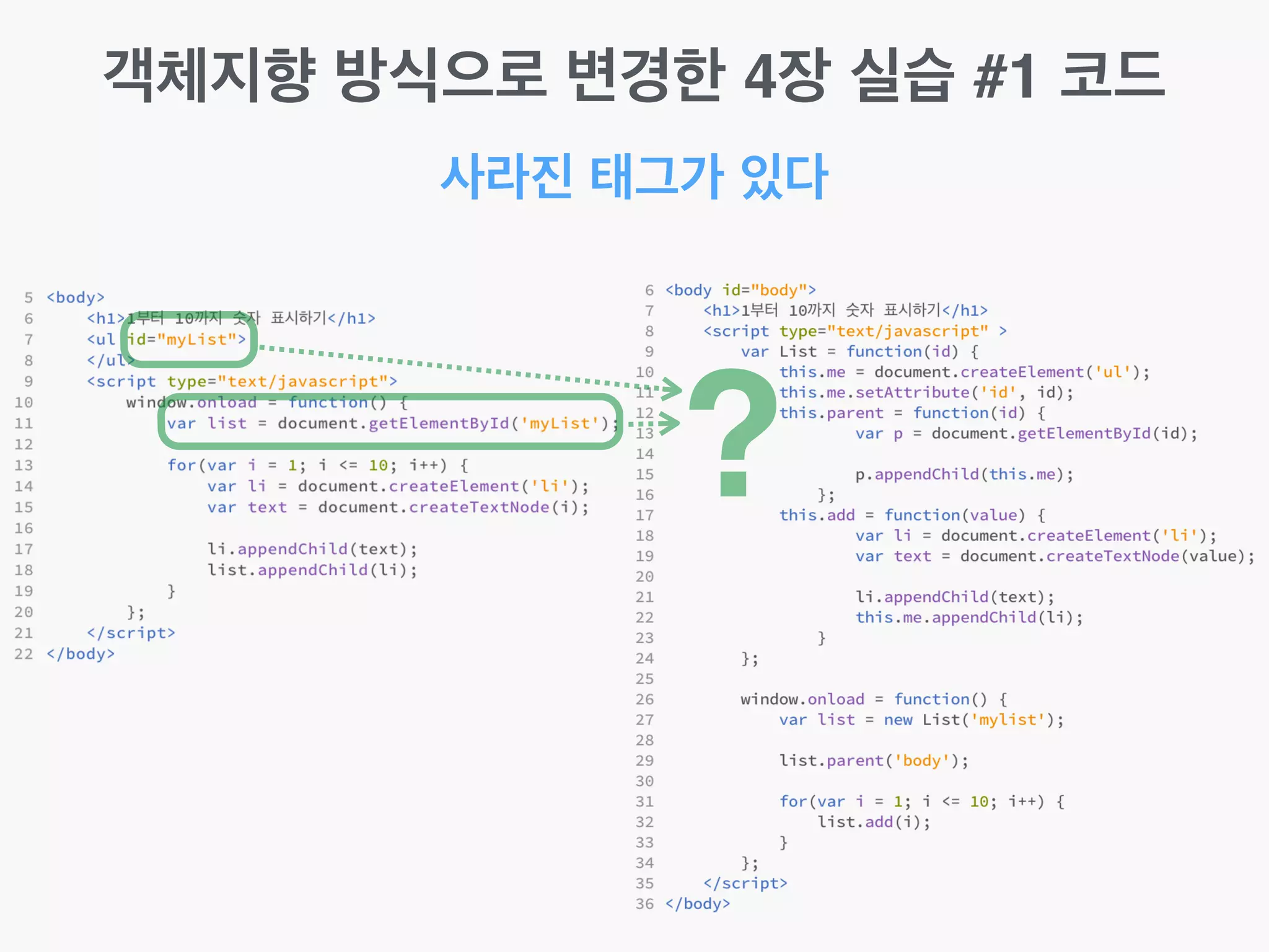 사라진 태그가 있다
?
객체지향 방식으로 변경한 4장 실습 #1 코드
 