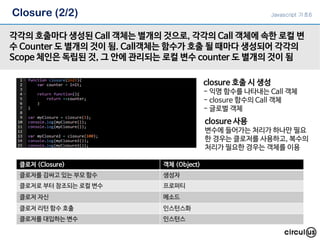 Closure (2/2)
각각의 호출마다 생성된 Call 객체는 별개의 것으로, 각각의 Call 객체에 속한 로컬 변
수 Counter 도 별개의 것이 됨. Call객체는 함수가 호출 될 때마다 생성되어 각각의
Scope 체인은 독립된 것, 그 안에 관리되는 로컬 변수 counter 도 별개의 것이 됨
closure 호출 시 생성
- 익명 함수를 나타내는 Call 객체
- closure 함수의 Call 객체
- 글로벌 객체
클로저 (Closure) 객체 (Object)
클로저를 감싸고 있는 부모 함수 생성자
클로저로 부터 참조되는 로컬 변수 프로퍼티
클로저 자신 메소드
클로저 리턴 함수 호출 인스턴스화
클로저를 대입하는 변수 인스턴스
closure 사용
변수에 들어가는 처리가 하나만 필요
한 경우는 클로저를 사용하고, 복수의
처리가 필요한 경우는 객체를 이용
Javascript 기초6
 