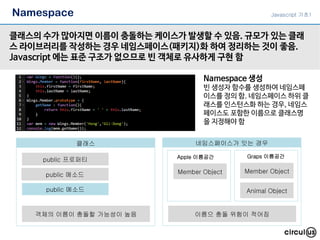 클래스의 수가 많아지면 이름이 충돌하는 케이스가 발생할 수 있음. 규모가 있는 클래
스 라이브러리를 작성하는 경우 네임스페이스(패키지)화 하여 정리하는 것이 좋음.
Javascript 에는 표준 구조가 없으므로 빈 객체로 유사하게 구현 함
Javascript 기초1
Namespace 생성
빈 생성자 함수를 생성하여 네임스페
이스를 정의 함. 네임스페이스 하위 클
래스를 인스턴스화 하는 경우, 네임스
페이스도 포함한 이름으로 클래스명
을 지정해야 함
Namespace
클래스 네임스페이스가 잇는 경우
public 프로퍼티 Apple 이름공간
Member Object
Graps 이름공간
Member Object
객체의 이름이 충돌할 가능성이 높음 이름으 충돌 위험이 적어짐
public 메소드
Animal Objectpublic 메소드
 