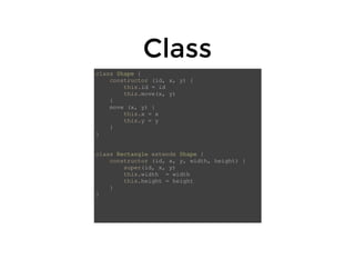 ClassClass
class Shape {
constructor (id, x, y) {
this.id = id
this.move(x, y)
}
move (x, y) {
this.x = x
this.y = y
}
}
class Rectangle extends Shape {
constructor (id, x, y, width, height) {
super(id, x, y)
this.width = width
this.height = height
}
}
 