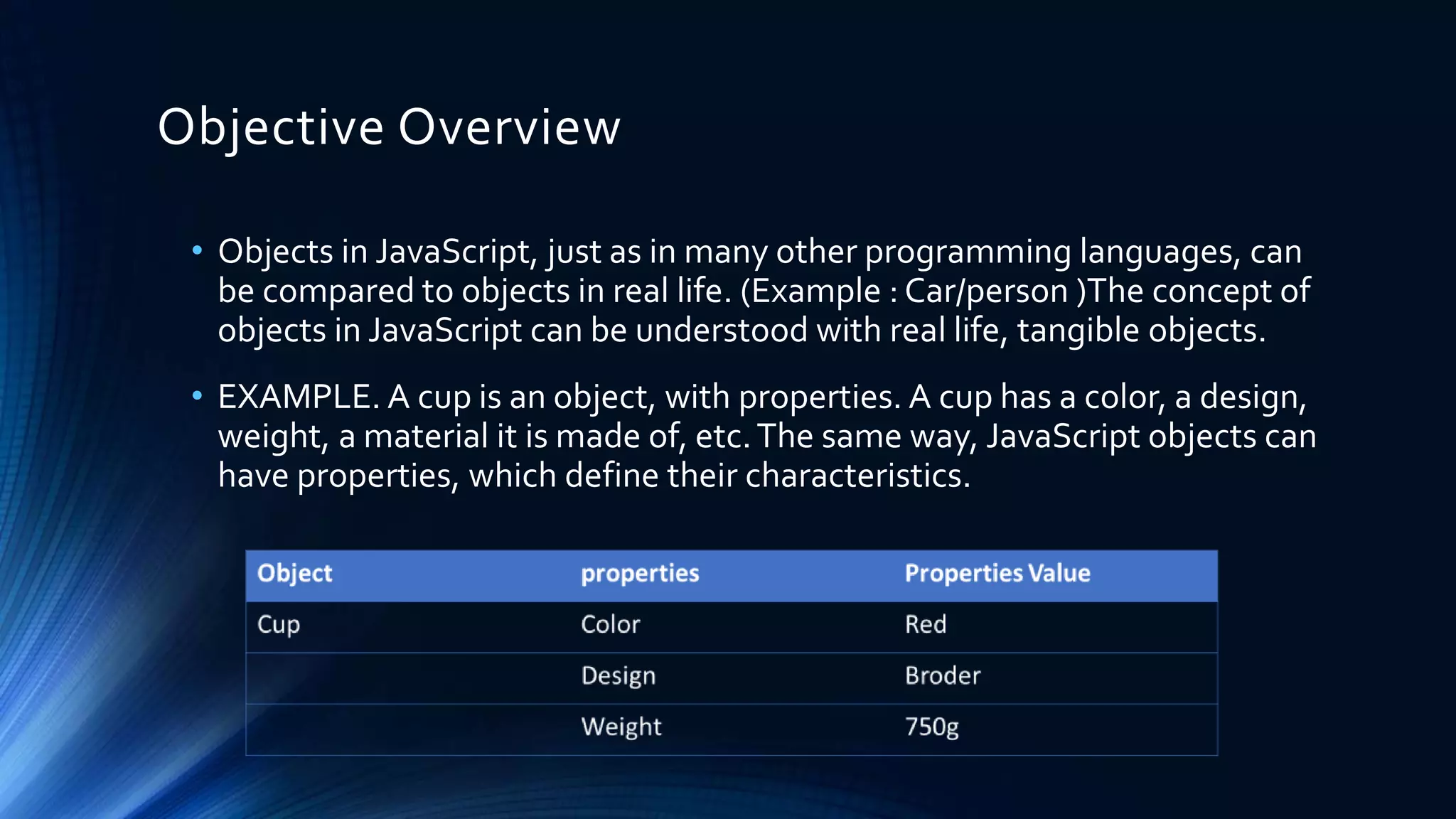 Objective Overview
• Objects in JavaScript, just as in many other programming languages, can
be compared to objects in real life. (Example : Car/person )The concept of
objects in JavaScript can be understood with real life, tangible objects.
• EXAMPLE. A cup is an object, with properties. A cup has a color, a design,
weight, a material it is made of, etc.The same way, JavaScript objects can
have properties, which define their characteristics.
 