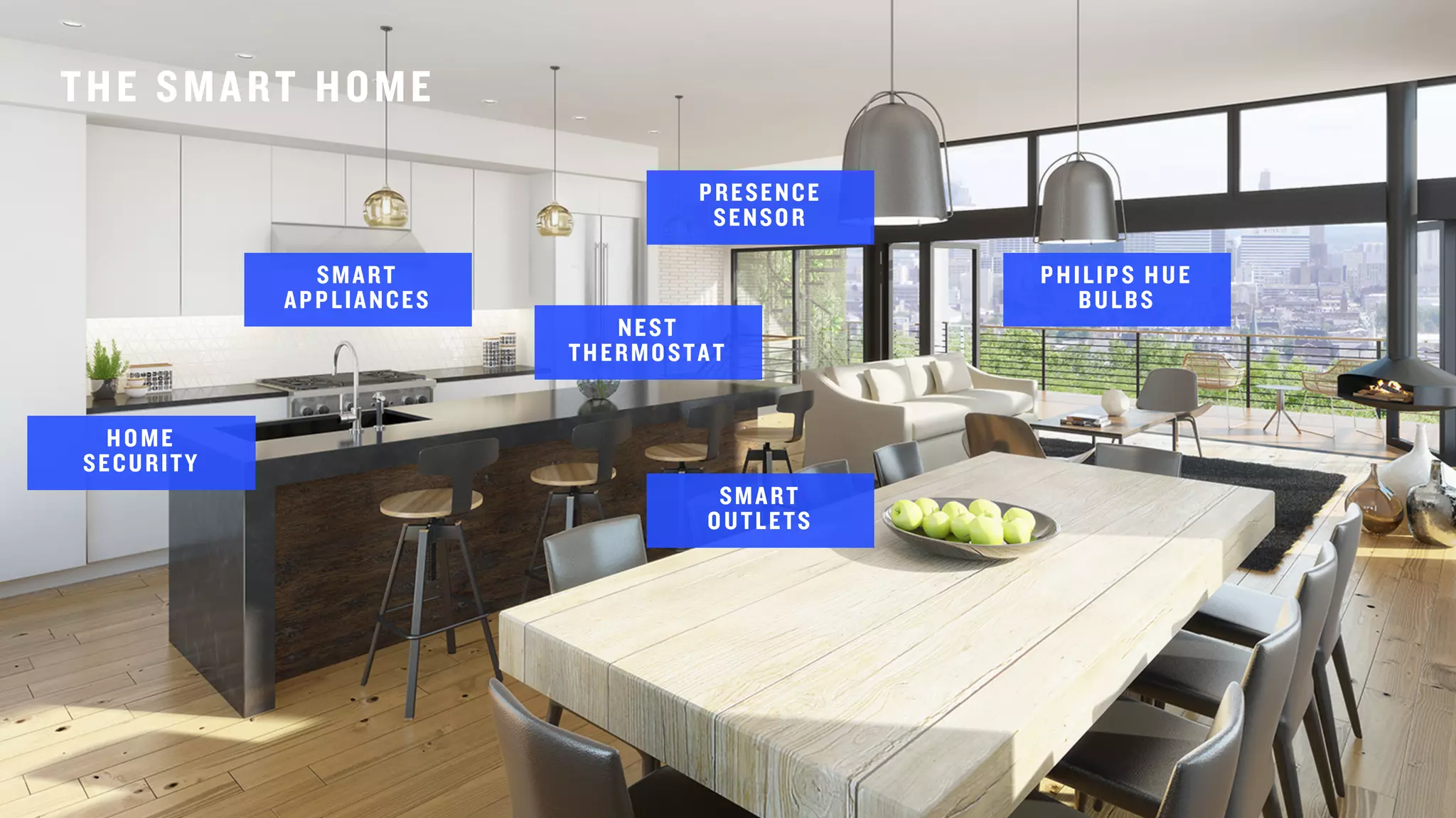 THE SMART HOME
SMART
APPLIANCES
PRESENCE
SENSOR
SMART
OUTLETS
NEST
THERMOSTAT
PHILIPS HUE
BULBS
HOME
SECURITY
 