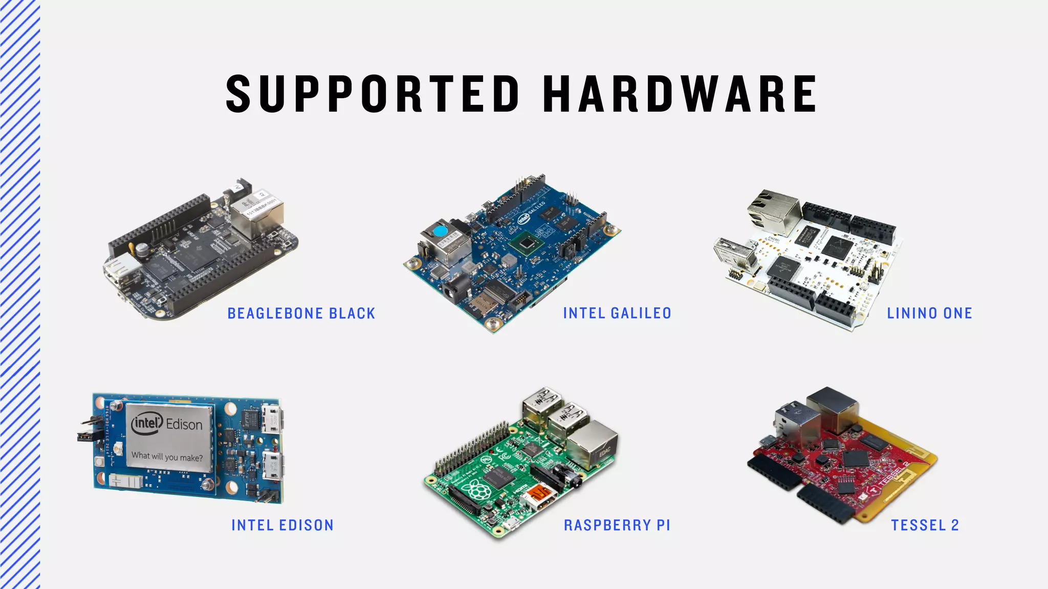 SUPPORTED HARDWARE
BEAGLEBONE BLACK
INTEL EDISON RASPBERRY PI
INTEL GALILEO LILINO ONE
TESSEL 2
 