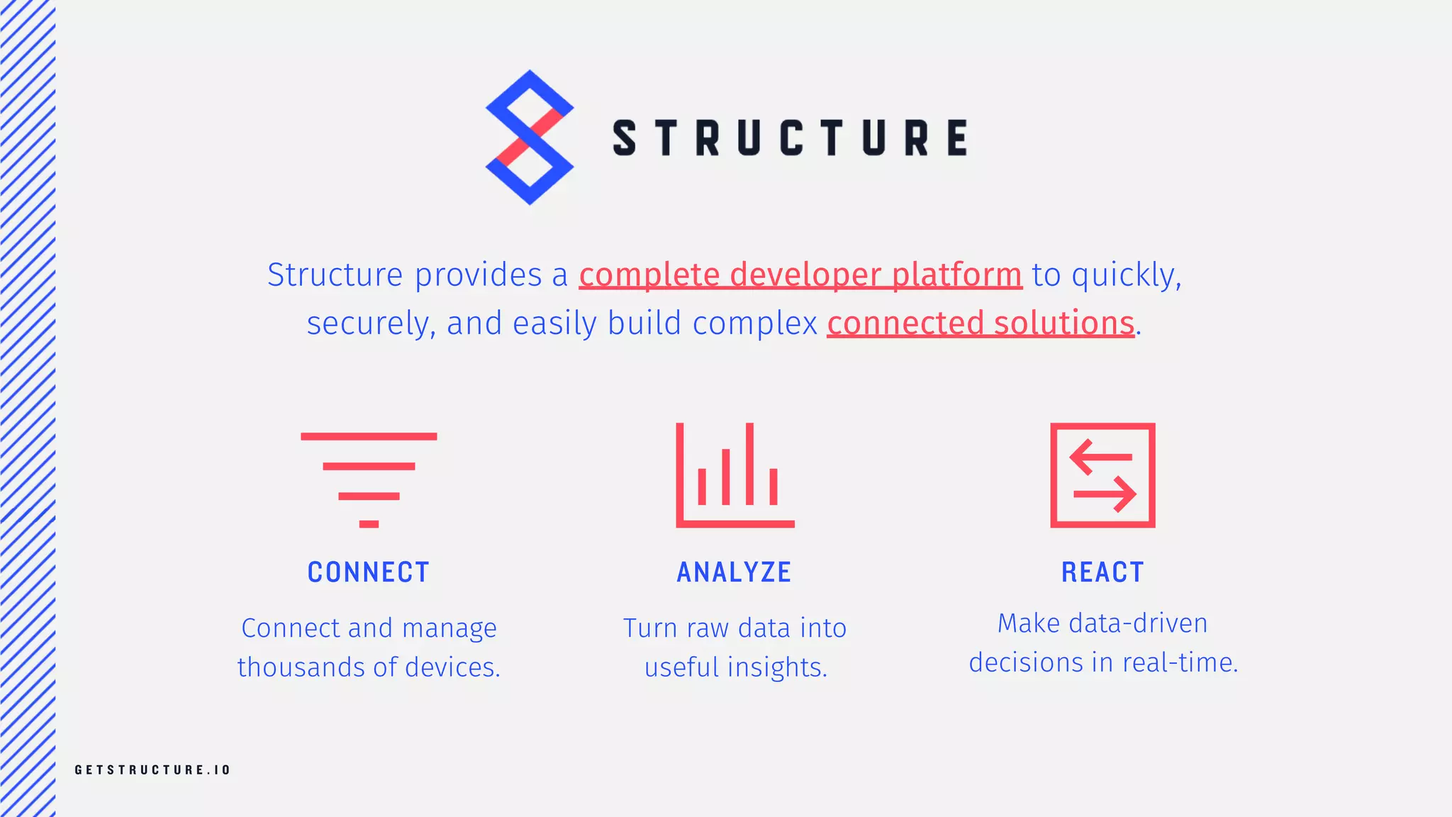 Losant provides a complete developer platform to quickly,
securely, and easily build complex connected solutions.
CONNECT ANALYZE REACT
Connect and manage
thousands of devices.
Turn raw data into
useful insights.
Make data-driven
decisions in real-time.
 