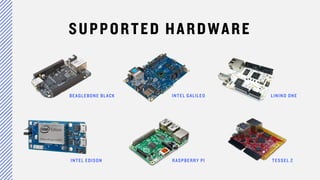 SUPPORTED HARDWARE
BEAGLEBONE BLACK
INTEL EDISON RASPBERRY PI
INTEL GALILEO LILINO ONE
TESSEL 2
 