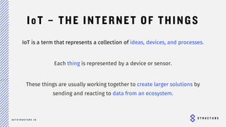 6
IoT – THE INTERNET OF THINGS
IoT is a term that represents a collection of ideas, devices, and processes.
Each thing is represented by a device or sensor.
These things are usually working together to create larger solutions by
sending and reacting to data from an ecosystem.
 