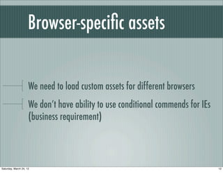 Browser-speciﬁc assets


                     We need to load custom assets for different browsers
                     We don’t have ability to use conditional commends for IEs
                     (business requirement)



Saturday, March 24, 12                                                           12
 