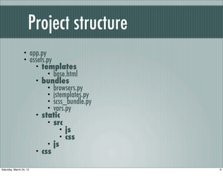 Project structure
                 •       app.py
                 •       assets.py
                           • templates
                                • base.html
                           • bundles
                                • browsers.py
                                • jstemplates.py
                                • scss_bundle.py
                                • vars.py
                           • static
                                • src
                                     • js
                                     • css
                                • js
                           • css


Saturday, March 24, 12                             6
 