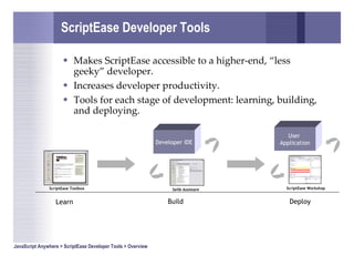 ScriptEase Developer Tools <ul><li>Makes ScriptEase accessible to a higher-end, “less geeky” developer. </li></ul><ul><li>...