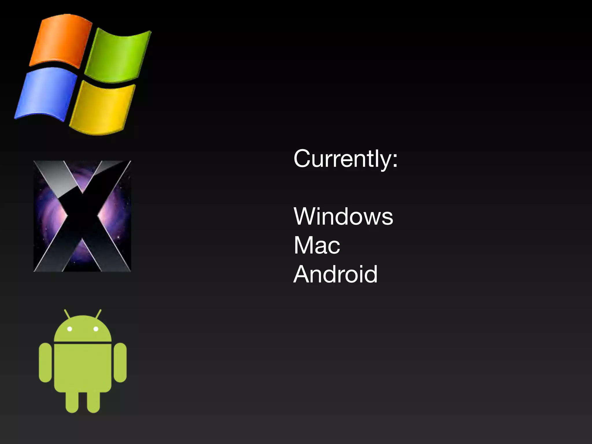 Currently:

Windows
Mac
Android
 
