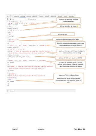 Zaghir Y Javascipt Page 13 sur 40
Création du tableau et affiché le
deuxième élément
Afficher les index de l’objet a
Afficher la taille
Ajouter un élément dans l’index égal 8
Afficher l’objet a de type tableau, javascript a
ajouter 4 élément non saisie plus a[8]
Ajouter un élément dans l’index n’est pas un
entier positif, ici c’est un string
L’index de l’élément ajouté est affiché
La valeur de l’élément ajouté n’est pas
affichée , il faut indiqué l’index de l’élément.
C’est comme une hashMap(clé , valeur)
Supprimer l’élément 8 du tableau
Javascript ne va jamais diminué la taille
automatiquement , est ce qu’il va passer à 7
ou …
 