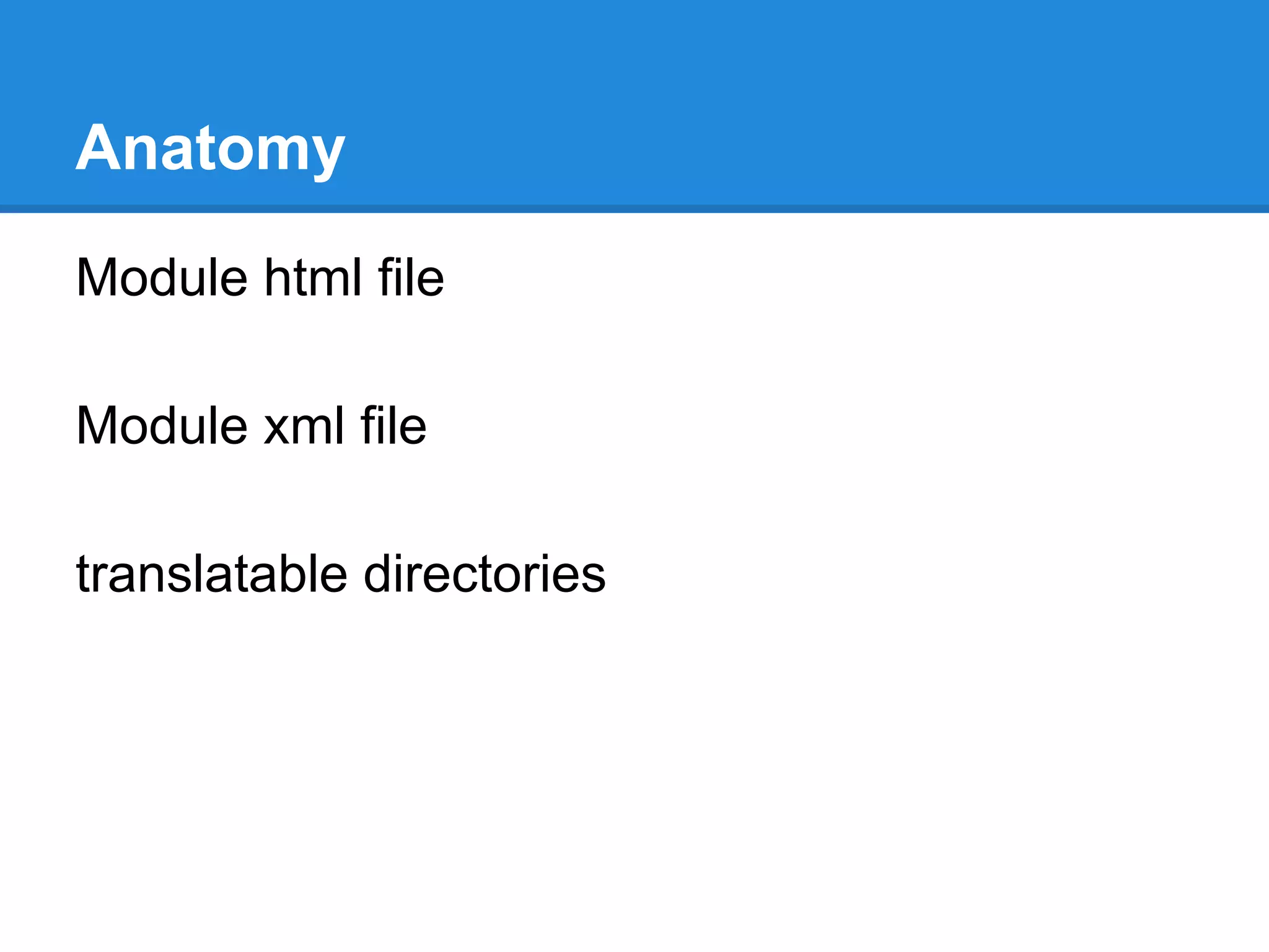 Anatomy 
Module html file 
Module xml file 
translatable directories 
 