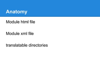 Anatomy 
Module html file 
Module xml file 
translatable directories 
 