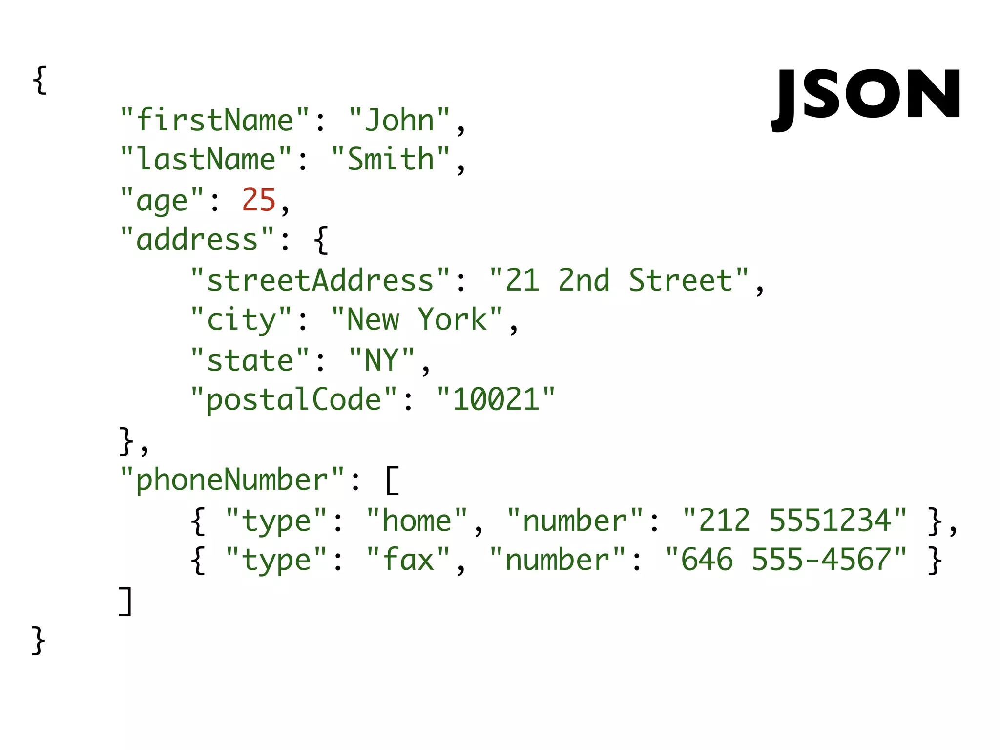 {
    "firstName": "John",                 JSON
    "lastName": "Smith",
    "age": 25,
    "address": {
        "streetAddress": "21 2nd Street",
        "city": "New York",
        "state": "NY",
        "postalCode": "10021"
    },
    "phoneNumber": [
        { "type": "home", "number": "212 5551234" },
        { "type": "fax", "number": "646 555-4567" }
    ]
}
 