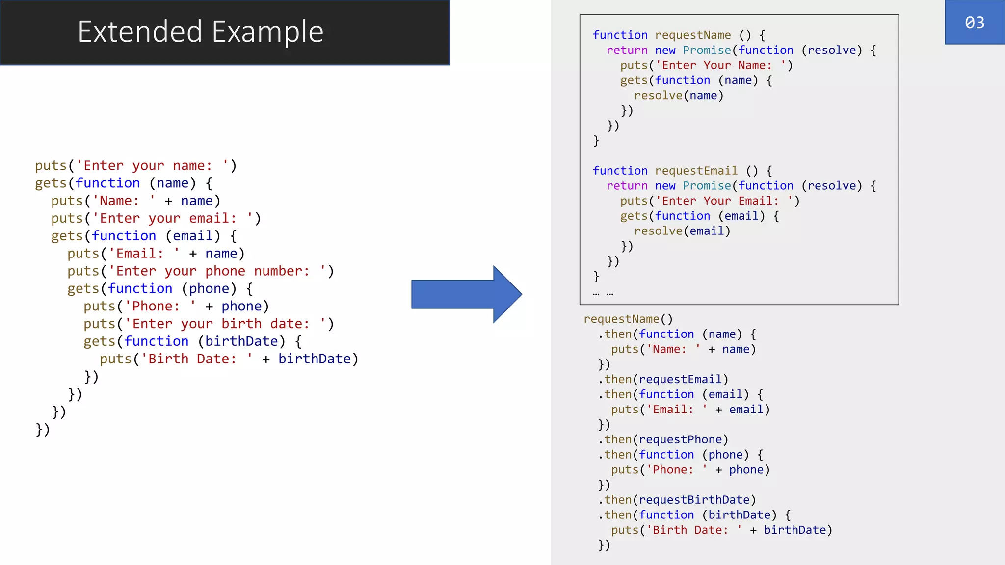 function requestName () {
return new Promise(function (resolve) {
puts('Enter Your Name: ')
gets(function (name) {
resolve(name)
})
})
}
function requestEmail () {
return new Promise(function (resolve) {
puts('Enter Your Email: ')
gets(function (email) {
resolve(email)
})
})
}
… …
puts('Enter your name: ')
gets(function (name) {
puts('Name: ' + name)
puts('Enter your email: ')
gets(function (email) {
puts('Email: ' + name)
puts('Enter your phone number: ')
gets(function (phone) {
puts('Phone: ' + phone)
puts('Enter your birth date: ')
gets(function (birthDate) {
puts('Birth Date: ' + birthDate)
})
})
})
})
requestName()
.then(function (name) {
puts('Name: ' + name)
})
.then(requestEmail)
.then(function (email) {
puts('Email: ' + email)
})
.then(requestPhone)
.then(function (phone) {
puts('Phone: ' + phone)
})
.then(requestBirthDate)
.then(function (birthDate) {
puts('Birth Date: ' + birthDate)
})
Extended Example 03
 