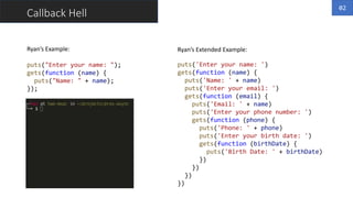 Callback Hell
Ryan’s Example:
puts("Enter your name: ");
gets(function (name) {
puts("Name: " + name);
});
Ryan’s Extended Example:
puts('Enter your name: ')
gets(function (name) {
puts('Name: ' + name)
puts('Enter your email: ')
gets(function (email) {
puts('Email: ' + name)
puts('Enter your phone number: ')
gets(function (phone) {
puts('Phone: ' + phone)
puts('Enter your birth date: ')
gets(function (birthDate) {
puts('Birth Date: ' + birthDate)
})
})
})
})
02
 