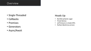 Overview
• Single-Threaded
• Callbacks
• Promises
• Generators
• Async/Await
Heads Up
• No ES6 syntactic sugar
• Trivial Demos
• setTimeout or simple APIs
• Perfect World (no errors)
 