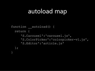 autoload map

function __autoload() {
  return {
     'S.Carousel':'carousel.js',
     'S.ColorPicker':'colorpicker-v1.js',
     'S.Editor':'article.js'
  };
}
 