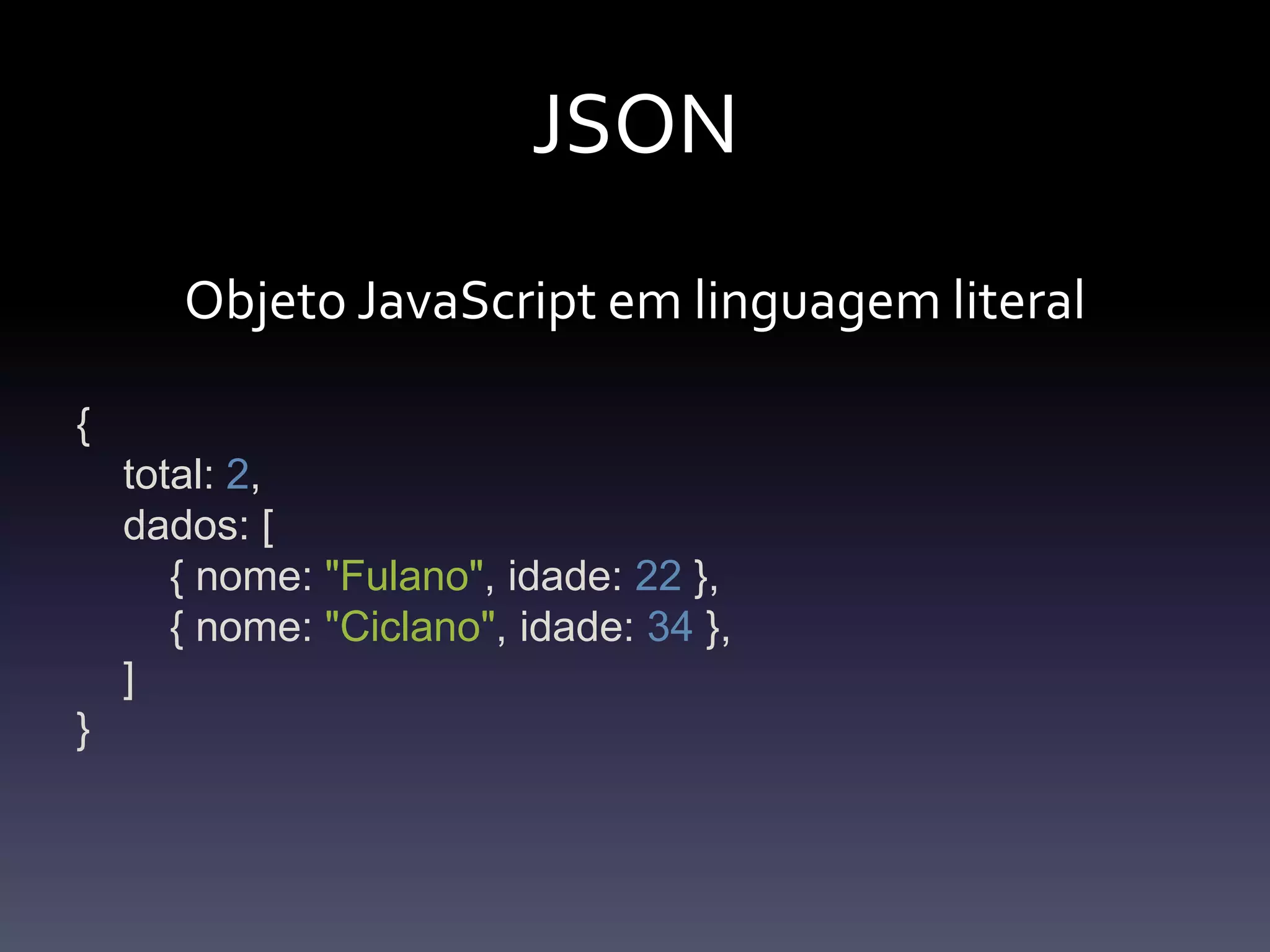 JSONObjeto JavaScript emlinguagem literal{total: 2,    dados: [        { nome: "Fulano", idade: 22 },        { nome: "Ciclano", idade: 34 },    ]}