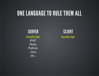 ONE LANGUAGE TO RULE THEM ALL
JavaScript
SERVER CLIENT
JavaScript
PHP
Ruby
Python
Java
etc.
 