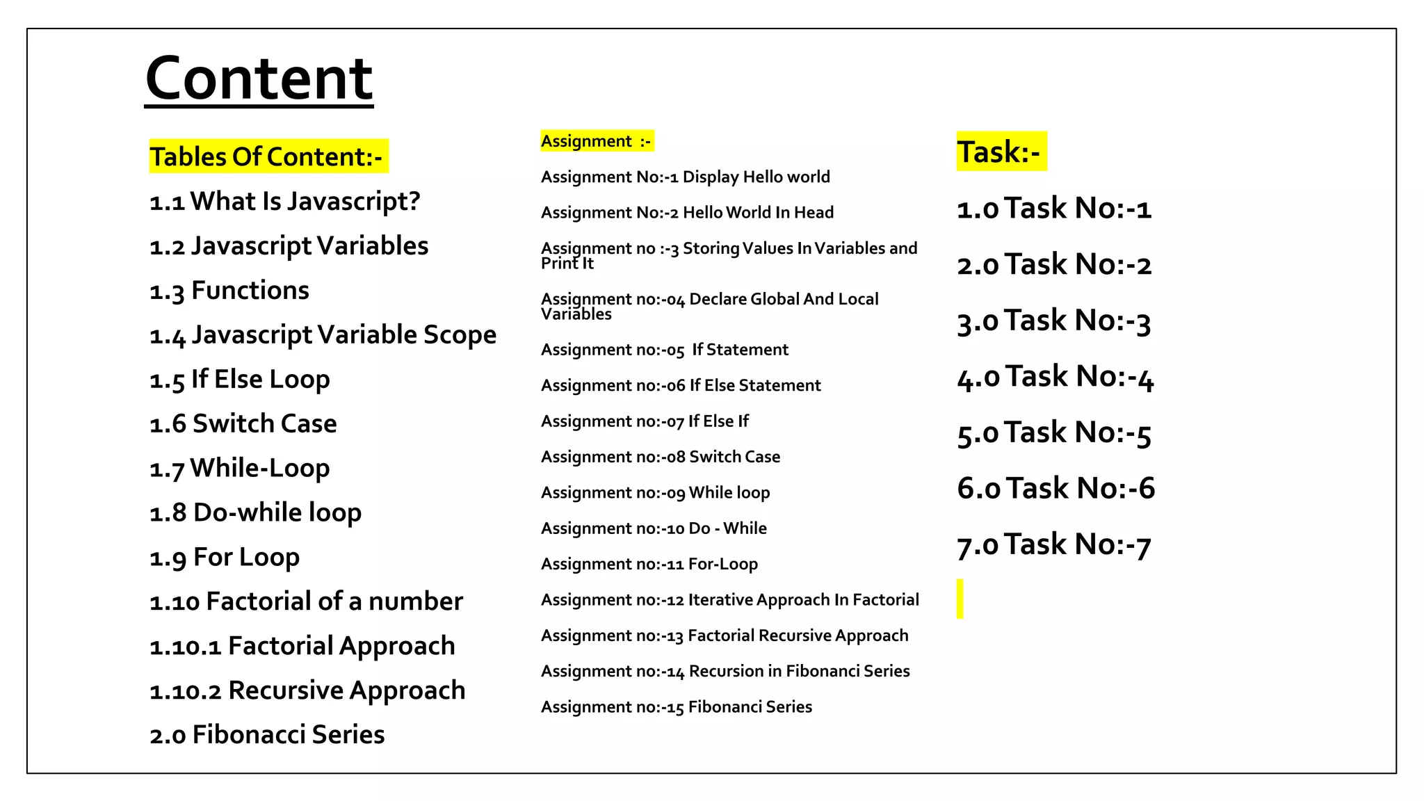 Content
Tables Of Content:-
1.1What Is Javascript?
1.2 JavascriptVariables
1.3 Functions
1.4 JavascriptVariable Scope
1.5 If Else Loop
1.6 Switch Case
1.7While-Loop
1.8 Do-while loop
1.9 For Loop
1.10 Factorial of a number
1.10.1 Factorial Approach
1.10.2 Recursive Approach
2.0 Fibonacci Series
Assignment :-
Assignment No:-1 Display Hello world
Assignment No:-2 HelloWorld In Head
Assignment no :-3 StoringValues InVariables and
Print It
Assignment no:-04 Declare Global And Local
Variables
Assignment no:-05 If Statement
Assignment no:-06 If Else Statement
Assignment no:-07 If Else If
Assignment no:-08 Switch Case
Assignment no:-09 While loop
Assignment no:-10 Do - While
Assignment no:-11 For-Loop
Assignment no:-12 IterativeApproach In Factorial
Assignment no:-13 Factorial Recursive Approach
Assignment no:-14 Recursion in Fibonanci Series
Assignment no:-15 Fibonanci Series
Task:-
1.0Task No:-1
2.0Task No:-2
3.0Task No:-3
4.0Task No:-4
5.0Task No:-5
6.0Task No:-6
7.0Task No:-7
 