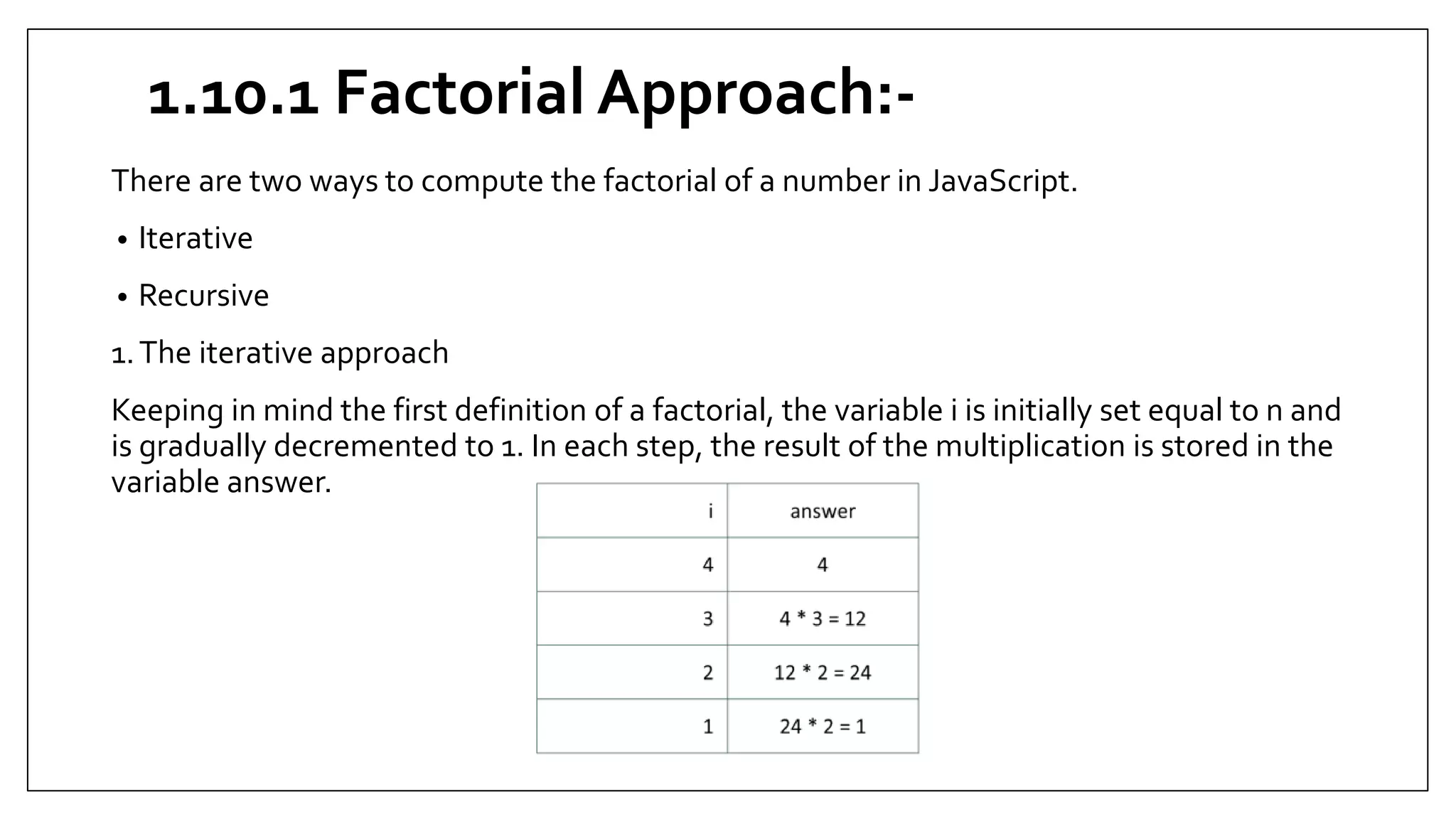 1.10.1 Factorial Approach:-
There are two ways to compute the factorial of a number in JavaScript.
• Iterative
• Recursive
1.The iterative approach
Keeping in mind the first definition of a factorial, the variable i is initially set equal to n and
is gradually decremented to 1. In each step, the result of the multiplication is stored in the
variable answer.
 