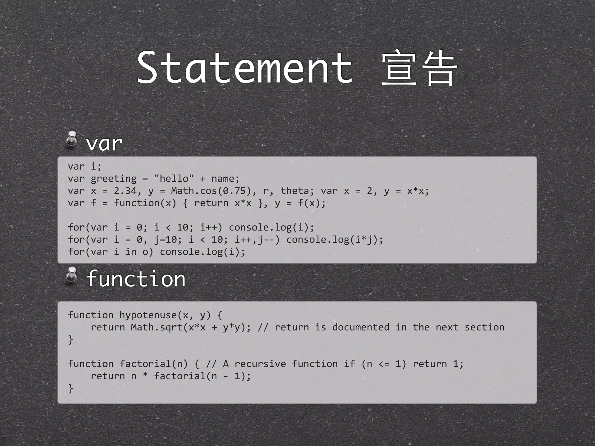 Statement 宣告
var
function
var	
  i;
var	
  greeting	
  =	
  "hello"	
  +	
  name;
var	
  x	
  =	
  2.34,	
  y	
  =	
  Math.cos(0.75),	
  r,	
  theta;	
  var	
  x	
  =	
  2,	
  y	
  =	
  x*x;
var	
  f	
  =	
  function(x)	
  {	
  return	
  x*x	
  },	
  y	
  =	
  f(x);
for(var	
  i	
  =	
  0;	
  i	
  <	
  10;	
  i++)	
  console.log(i);
for(var	
  i	
  =	
  0,	
  j=10;	
  i	
  <	
  10;	
  i++,j-­‐-­‐)	
  console.log(i*j);	
  
for(var	
  i	
  in	
  o)	
  console.log(i);
function	
  hypotenuse(x,	
  y)	
  {
	
  	
  	
  	
  return	
  Math.sqrt(x*x	
  +	
  y*y);	
  //	
  return	
  is	
  documented	
  in	
  the	
  next	
  section
}
function	
  factorial(n)	
  {	
  //	
  A	
  recursive	
  function	
  if	
  (n	
  <=	
  1)	
  return	
  1;
	
  	
  	
  	
  return	
  n	
  *	
  factorial(n	
  -­‐	
  1);
}
 
