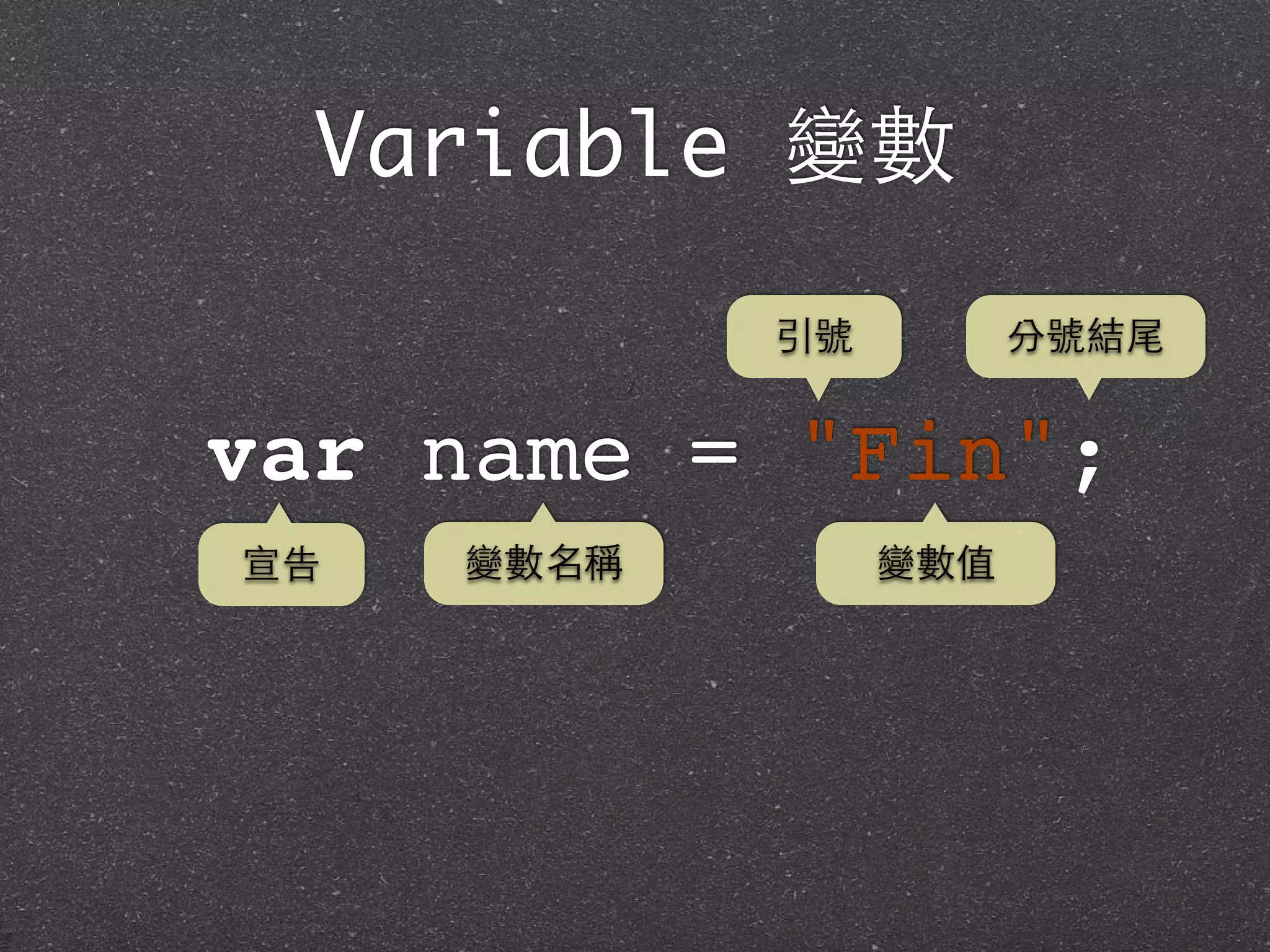 Variable 變數
var name = "Fin";
宣告 變數名稱 變數值
引號 分號結尾
 