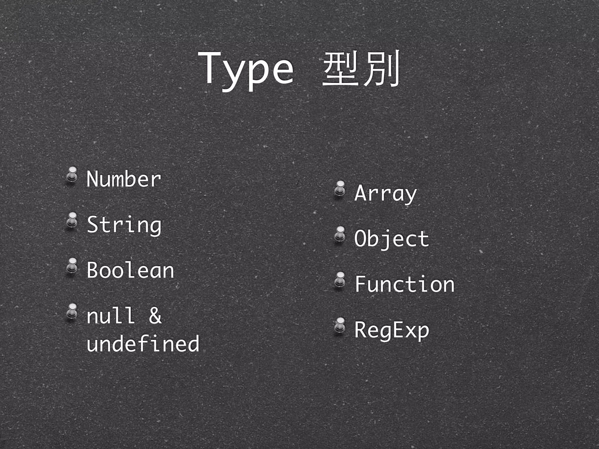 Type 型別
Number
String
Boolean
null &
undefined
Array
Object
Function
RegExp
 